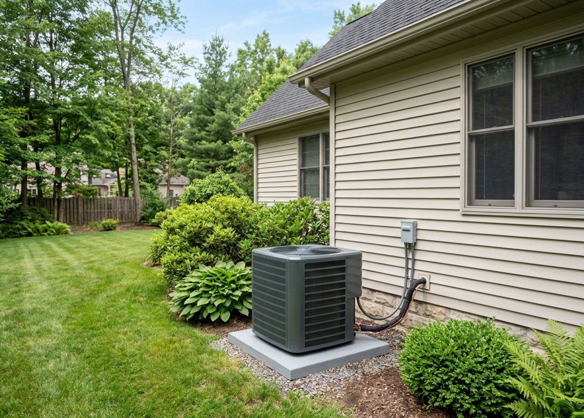 New central air conditioning condenser unit installed outside a Binghamton NY home for improved cooling comfort