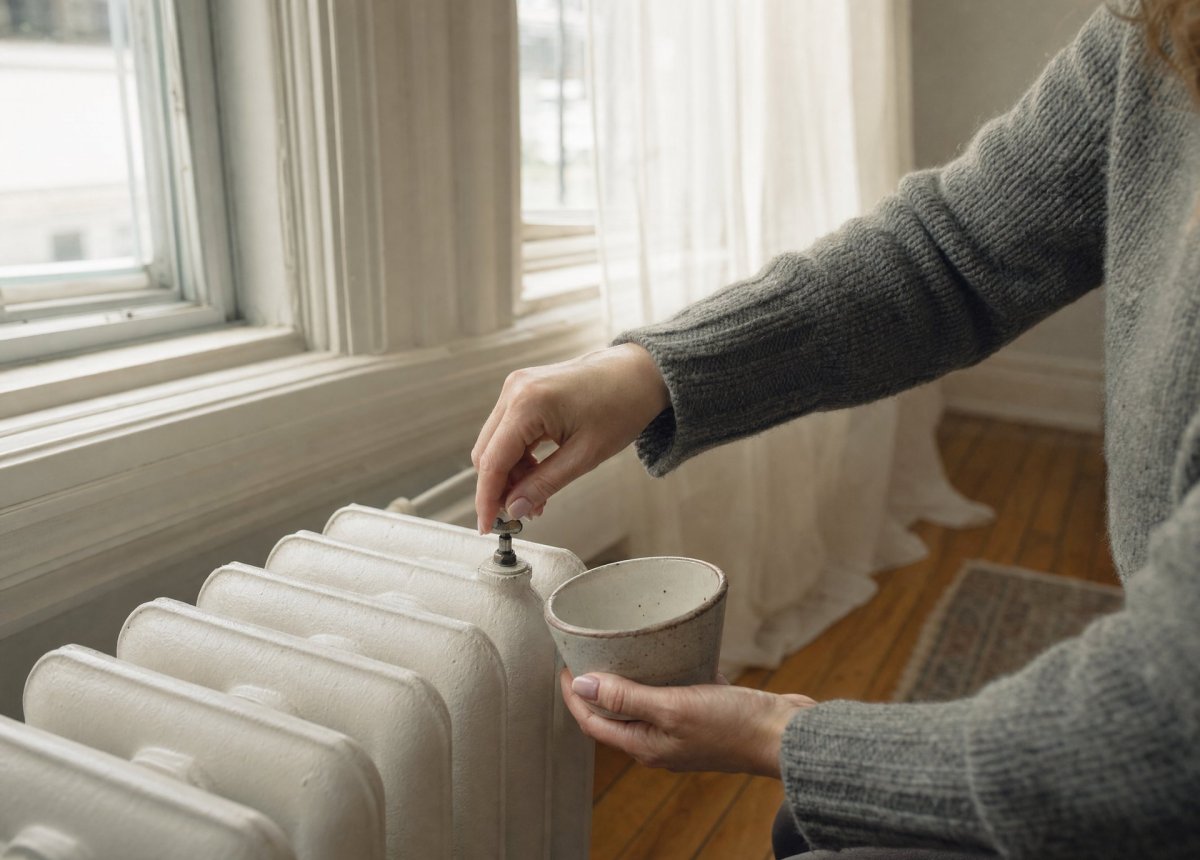 Homeowner bleeding trapped air from a cast iron radiator in an older Binghamton home before heating season