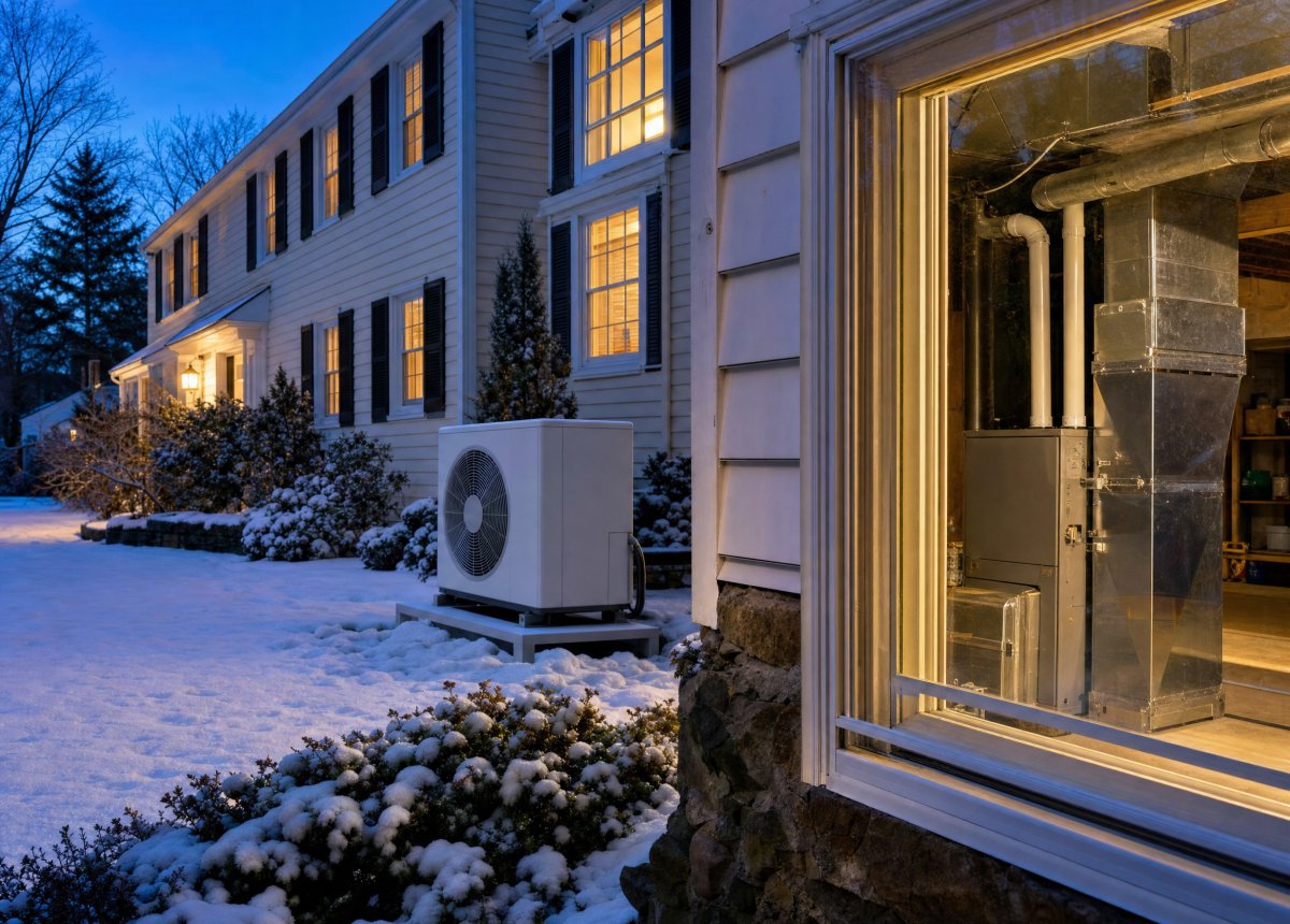 Outdoor heat pump beside a snowy Binghamton Colonial home, paired with an indoor gas furnace for dual-fuel heating