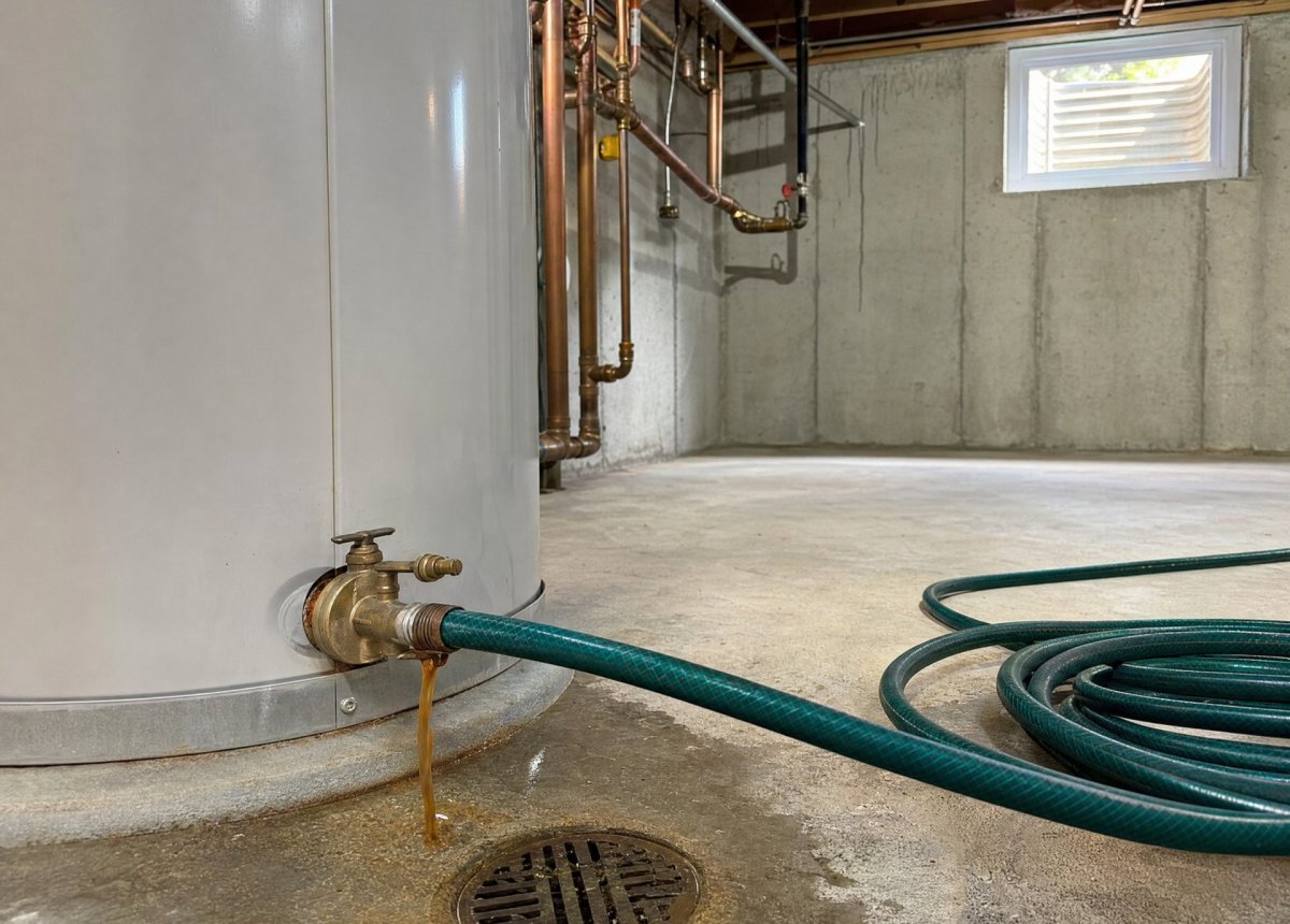 Garden hose connected to the drain valve of a residential water heater during a fall sediment flush in a basement