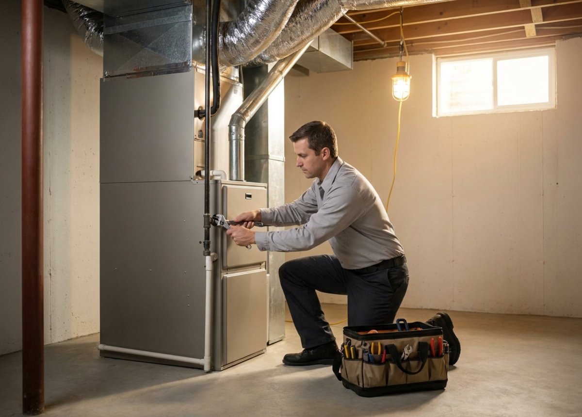 HVAC technician installing a new furnace in a Southern Tier NY basement during late summer ahead of winter