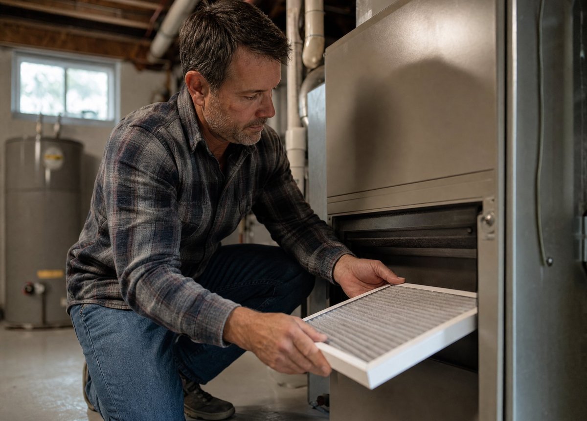 Homeowner checking the air filter on a gas furnace in a Southern Tier basement before the start of heating season