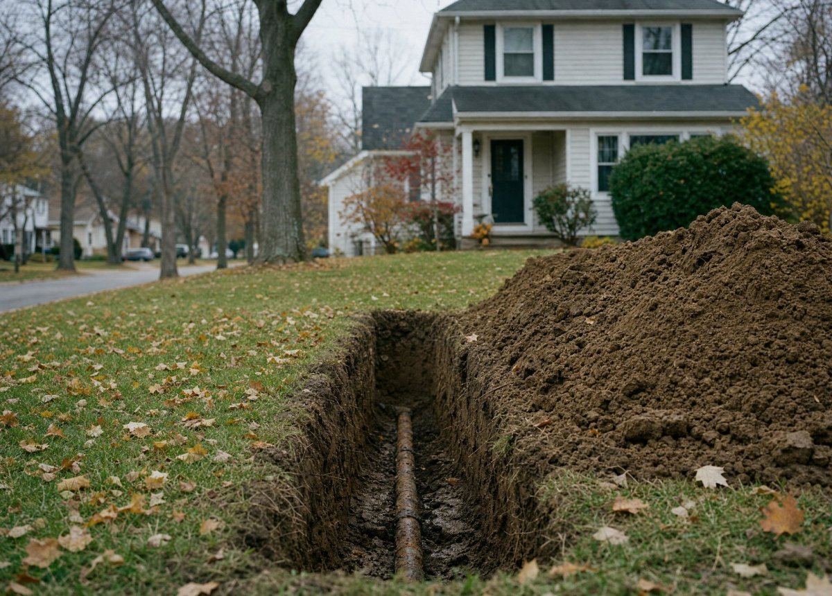 Excavated trench exposing an aging main water service line in the front yard of a Binghamton area home