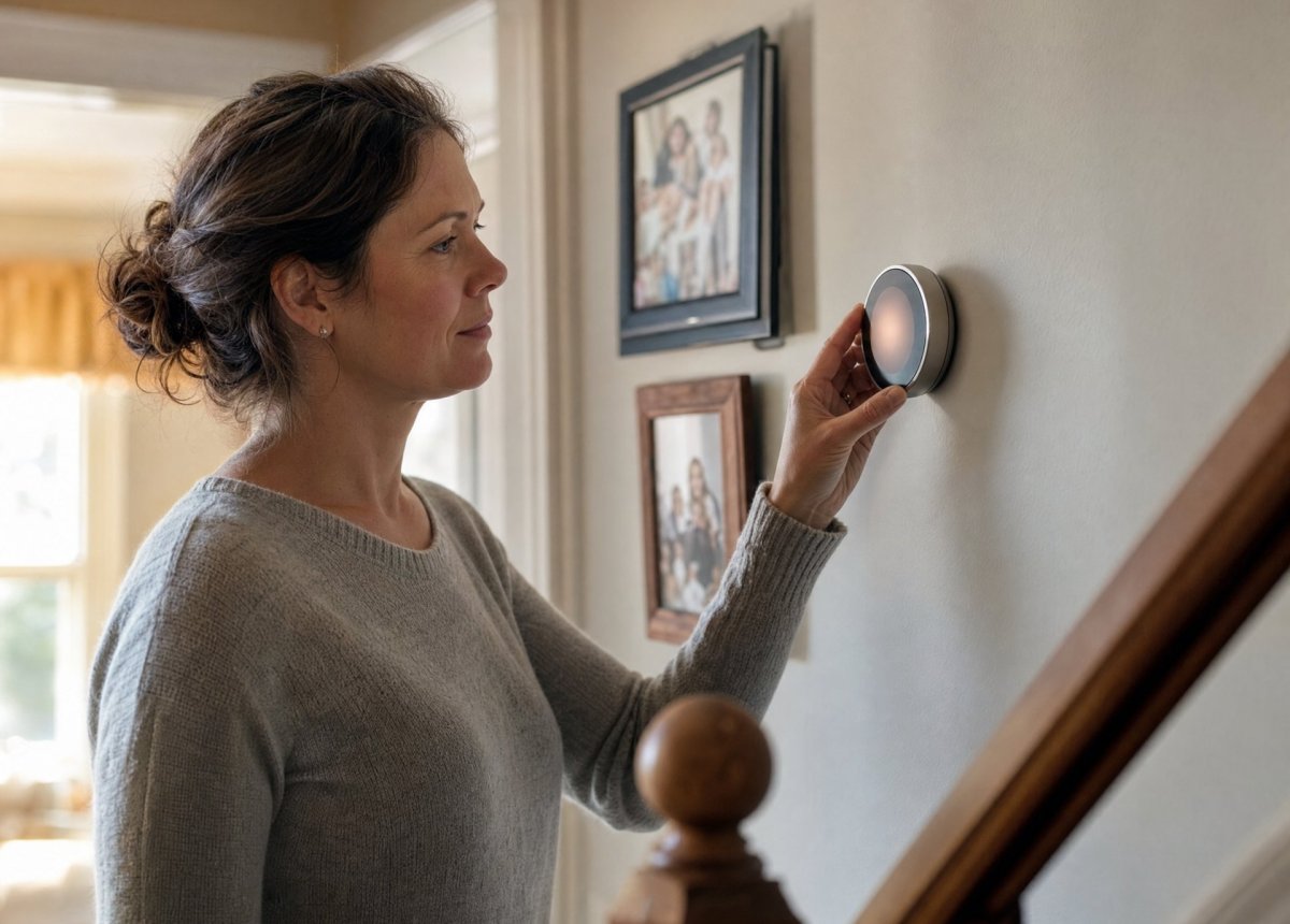 Smart thermostat mounted on a wall showing a winter setback schedule in an older Binghamton area home