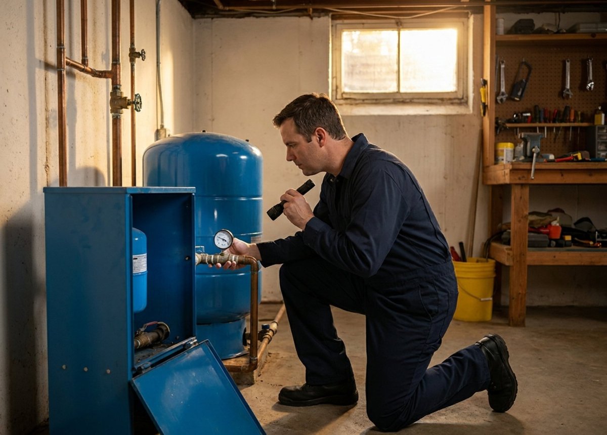 Technician inspecting a submersible well pump system outside a Southern Tier NY home during late summer